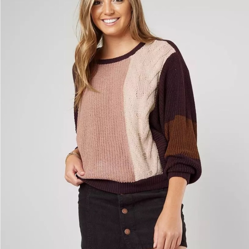 Buckle gimmicks deep purple, cream, brown & mauve Color Block Sweater size M